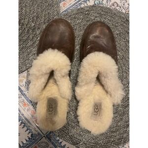 UGG Australia Vintage Brown Leather Shearling Wooden Clogs Mules Studded Mens 8